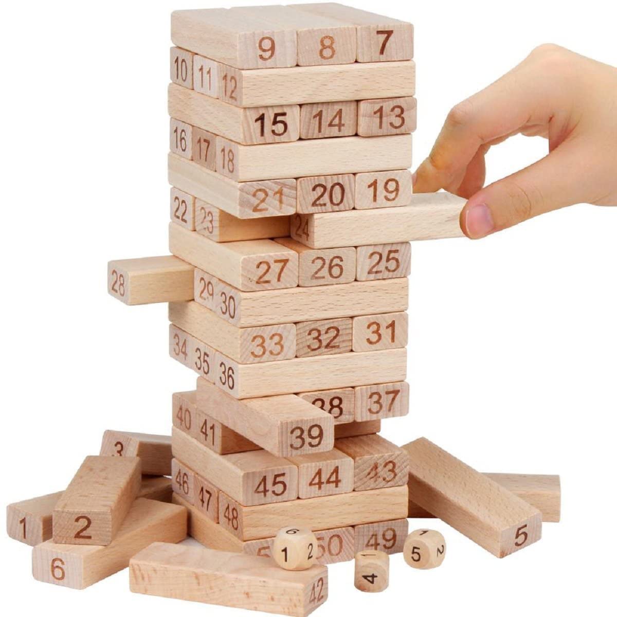Yrtoys Wooden Blocks Dice Building Blocks Game Challenging Wooden Tumbling Tower, Wooden Stacking Toys With Dices Board Educatio