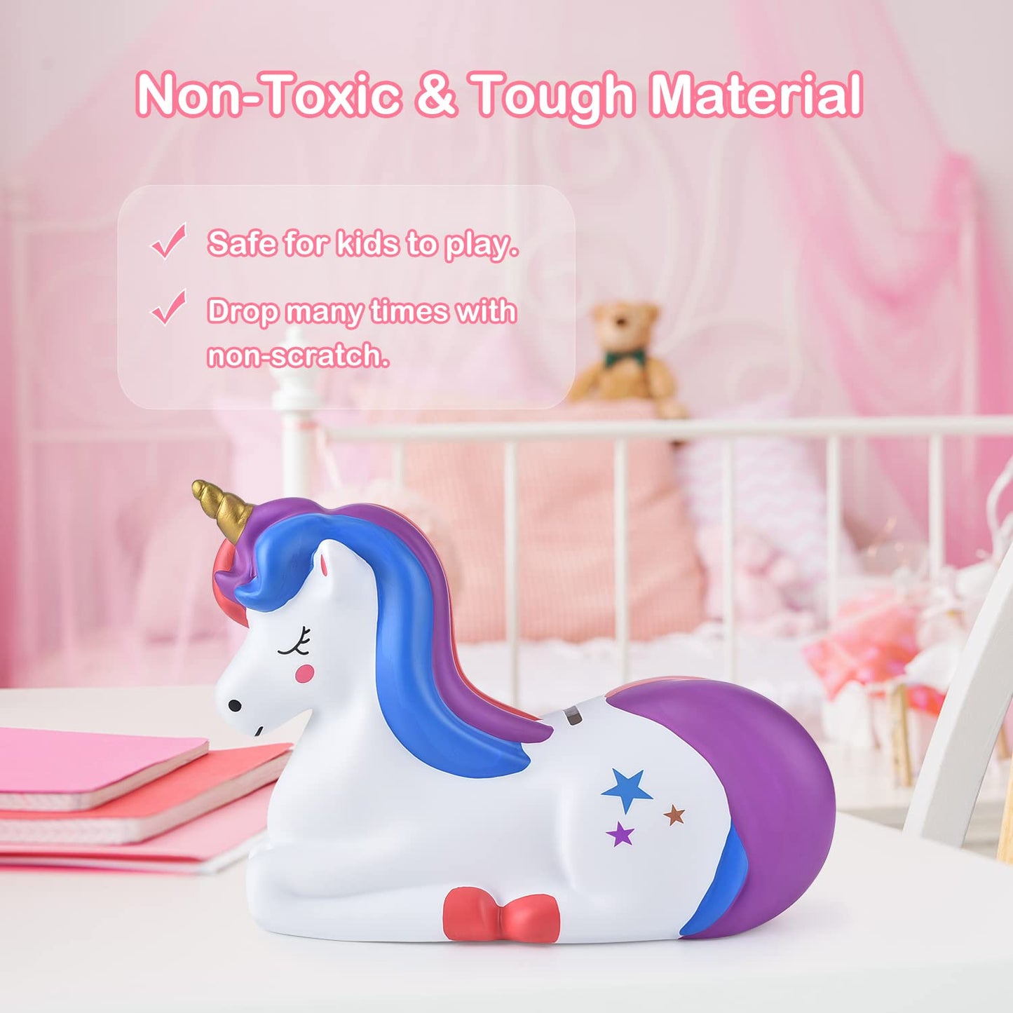 Pjdrllc Piggy Bank Girls: Unicorn Piggy Banks - Unbreakable Plastic Coin Money Bank With Alphabet Stickers - Purple
