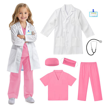 Riorand Doctor Costume For Kids With Stethoscope Lab Coat Career Day Costume Halloween Dress Up For Boys Girls 3-11 (Pink, M-120