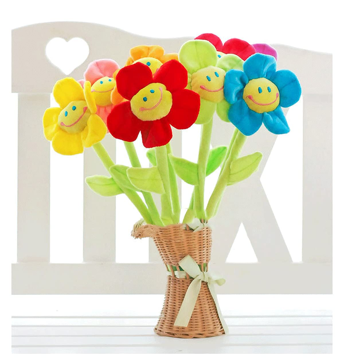 Colorful Plush Flower Bouquet with Bendable Stems, Happy Smiley Face Sunflower Plushie Gift for Kids, Baby Girls & Toddlers (Pin