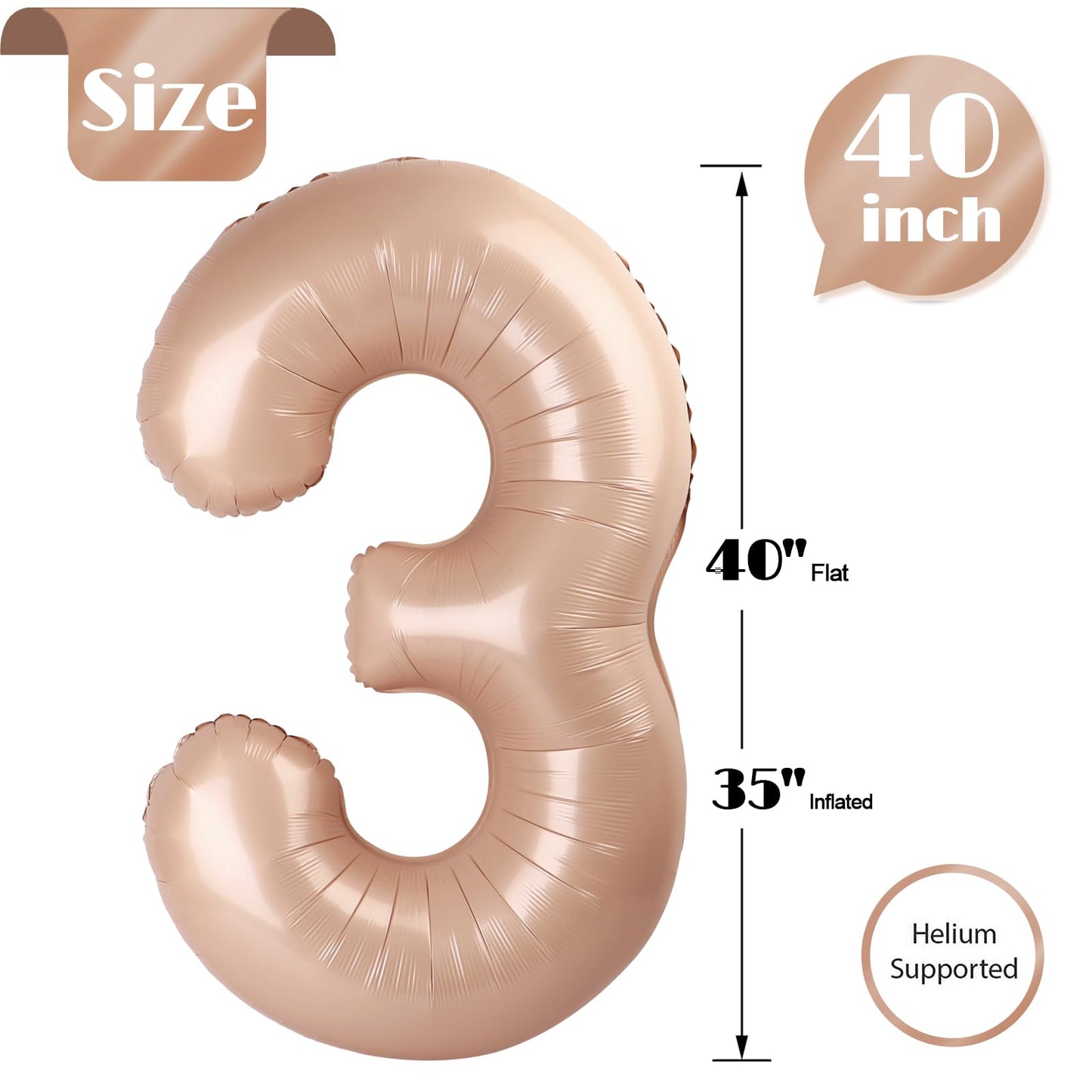 Light Brown 3 Balloon, Tan Number Balloons 40 Inch, Beige 3Rd Birthday Decorations For Kids Girls Boys, Men Women Sandy Brown Pa