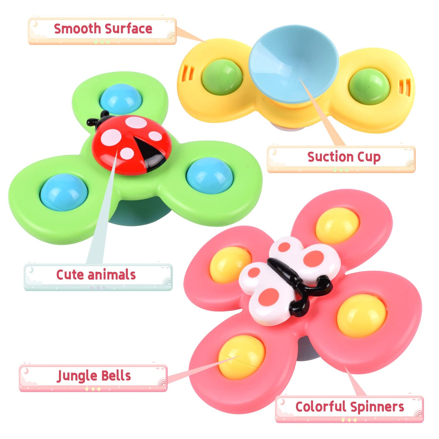 Suction Cup Spinner Toy For Baby 1 2 Year Old, 3Pcs Spinner Sensory Toys For Toddlers 1 3, Cartoon Baby Fidget Spinners Toys 12 Months Kids, High Chair/Dining Table/Window/Travelling (Colorful)