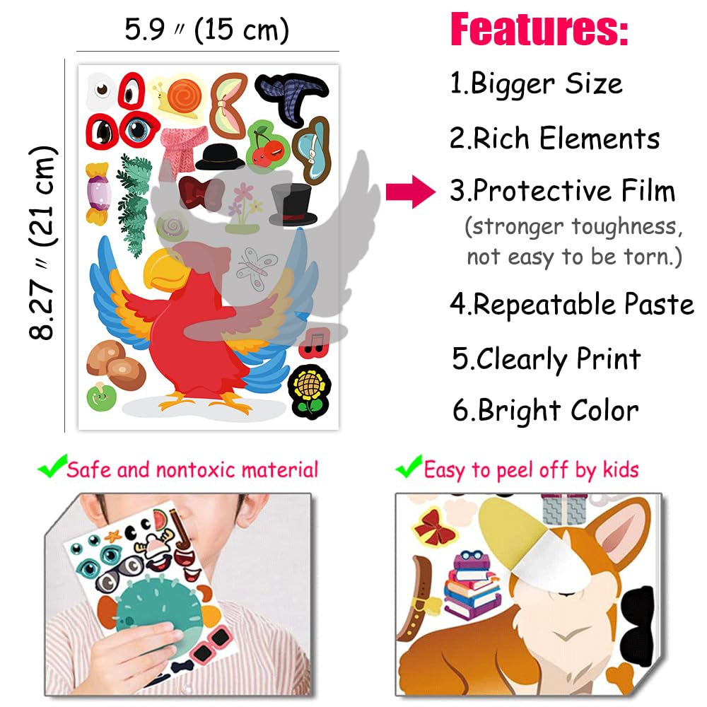 48 Pcs Funny Animal Make A Face Stickers For Toddlers Kids,Make Your Own Mix And Match Sticker Sheets Art Craft Kits,Including 2000+Repositionable Little Stickers