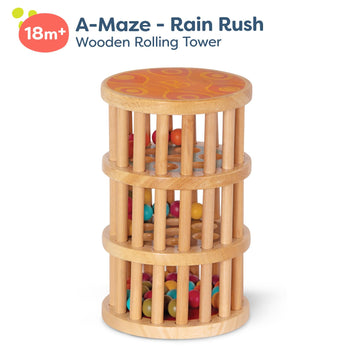 B. Toys- A-Maze Rain Rush Dexterity Toy- Crawling Rolling Tower- Developmental Natural Wooden Rainmaker Toy- Toys For Toddlers