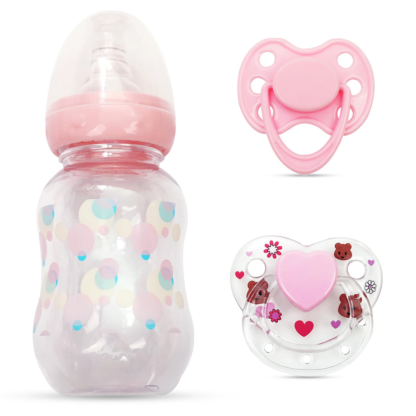 Pink Style Pacifier And Bottle 2 Piece Set Safest Reborn Baby Doll Accessories(Comes With An Extra Pink Magnetic Pacifier)