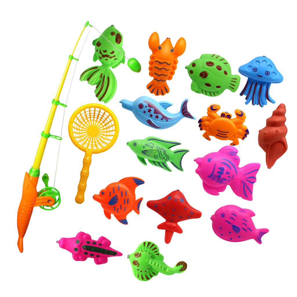 Nylsa 15Pcs Baby Bath Time Magnetic Fishing Toy Vivid Fish Model Set Kids Fish Toy Early Developmental