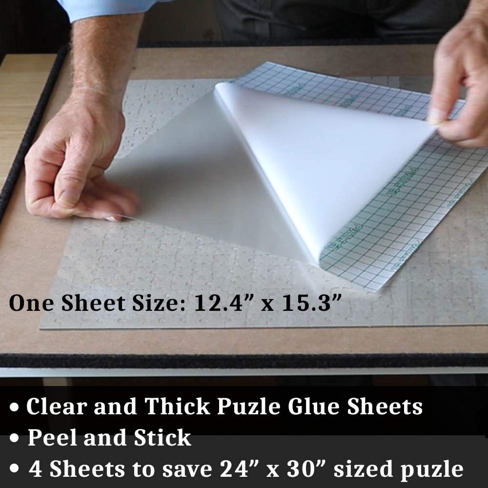 PUZZLE EZ Extra Large Clear Puzzle Glue Sheets - 4 Peel and Stick Sheets for 1000 Piece Puzzles, Model DU-HASI-Q3FJ