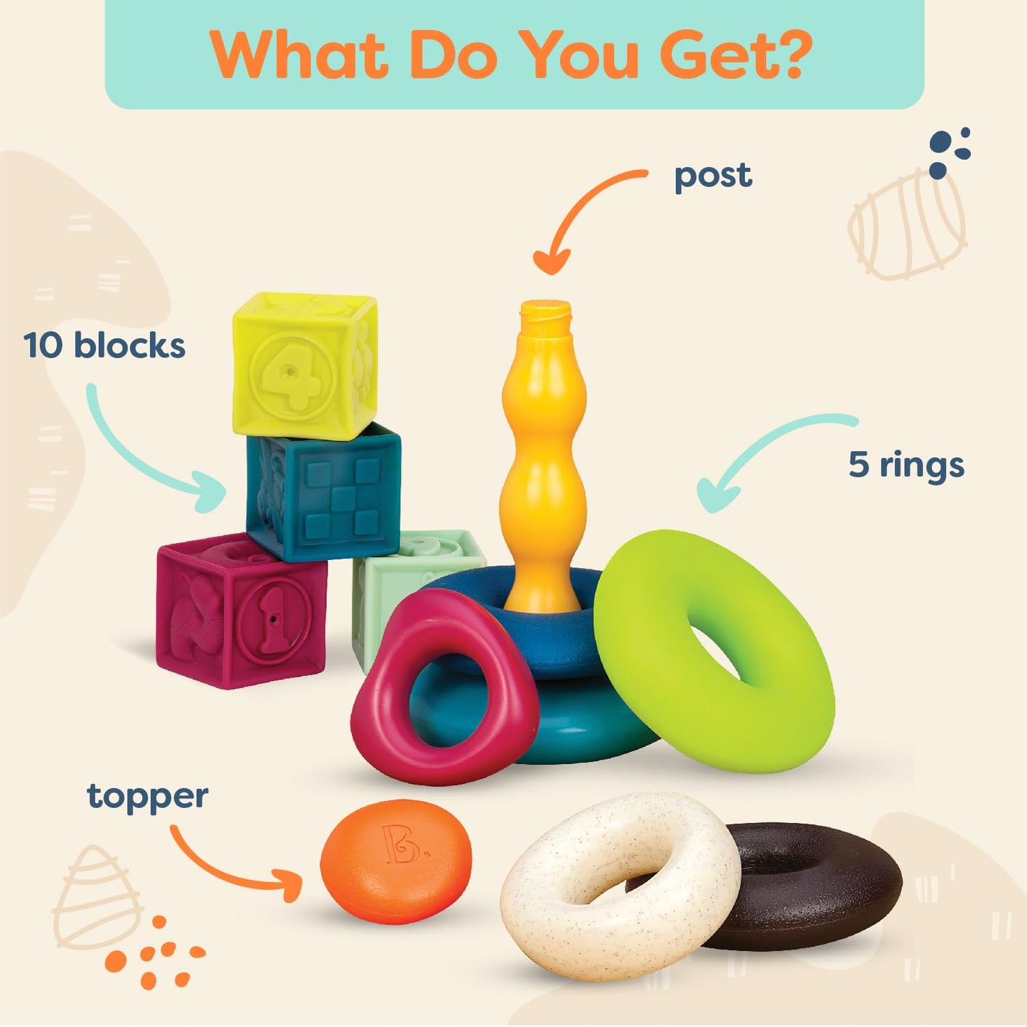 B. Toys- B. Baby –Baby Blocks & Stacking – 10 Numbered Blocks & 5 Colorful Rings – Building Play Set For Infants – Educational Toys – One Two Squeeze & Stacking Stones - 6 Months +