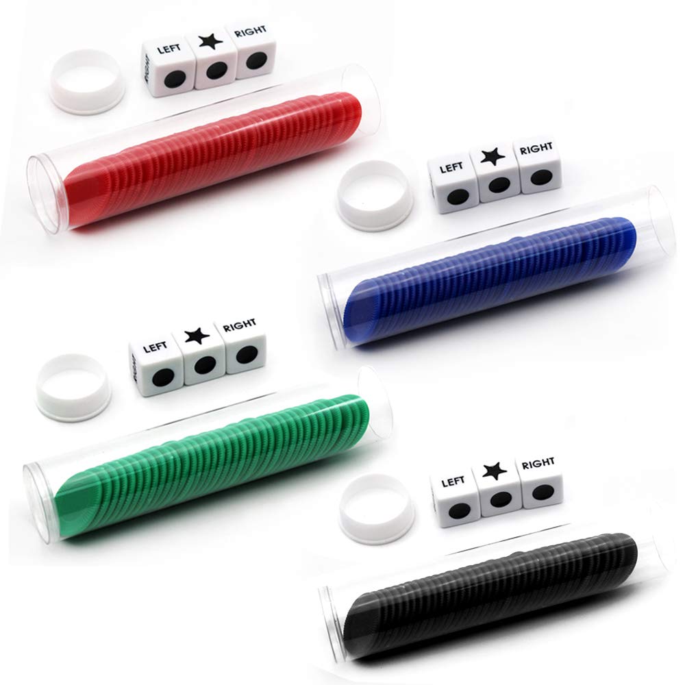 Spidfee Rigth Left Center Dice Game Set With 3 Dices + 36 Chips - 4 Sets Assorted Colors - ( 4 Pack )