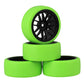 Mxfans Black Plastic 14 Spoke Wheel Rims and Green Drift Smooth Tyres for RC 1:10 On Road Racing Car Set of 4