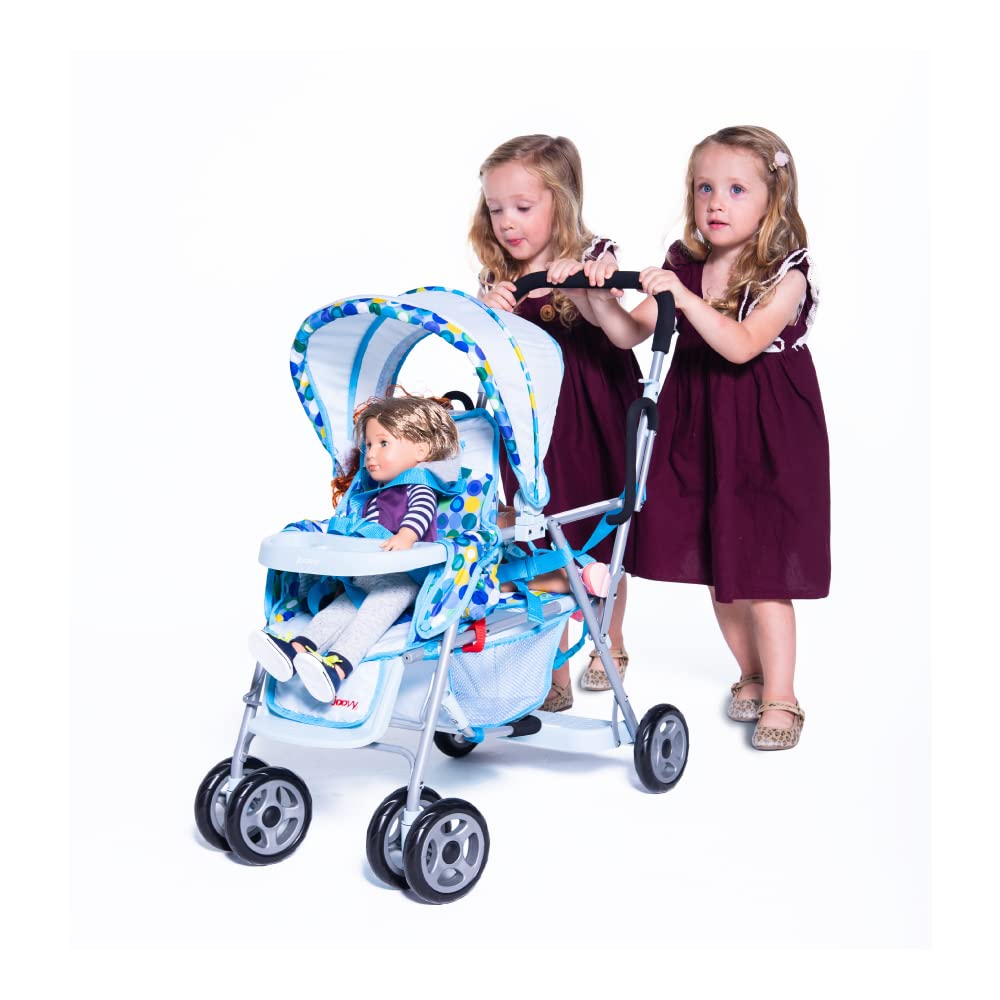 Joovy Toy Caboose Baby Doll Stroller Featuring Reclining Front Seat, Adjustable Footrest, Storage Basket, Extendable Canopy, And Snack Tray - Holds 3 Dolls (Blue Dot)