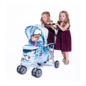 Joovy Toy Caboose Baby Doll Stroller Featuring Reclining Front Seat, Adjustable Footrest, Storage Basket, Extendable Canopy, And Snack Tray - Holds 3 Dolls (Blue Dot)