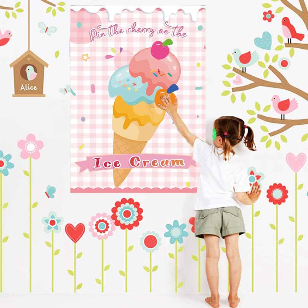 Pin The Cherry On The Ice Cream Game -Ice Cream Party Game With 21'' X 28'' Poster, Reusable Cherry Sticker Carnival Party Suppl