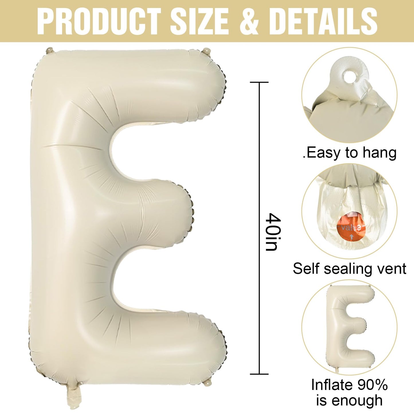 Letter Balloons Beige,40 Inch Letter E Balloons,A-Z Alphabet Name Foil Balloons,Big Single Cream Aluminum E Word Balloons Helium