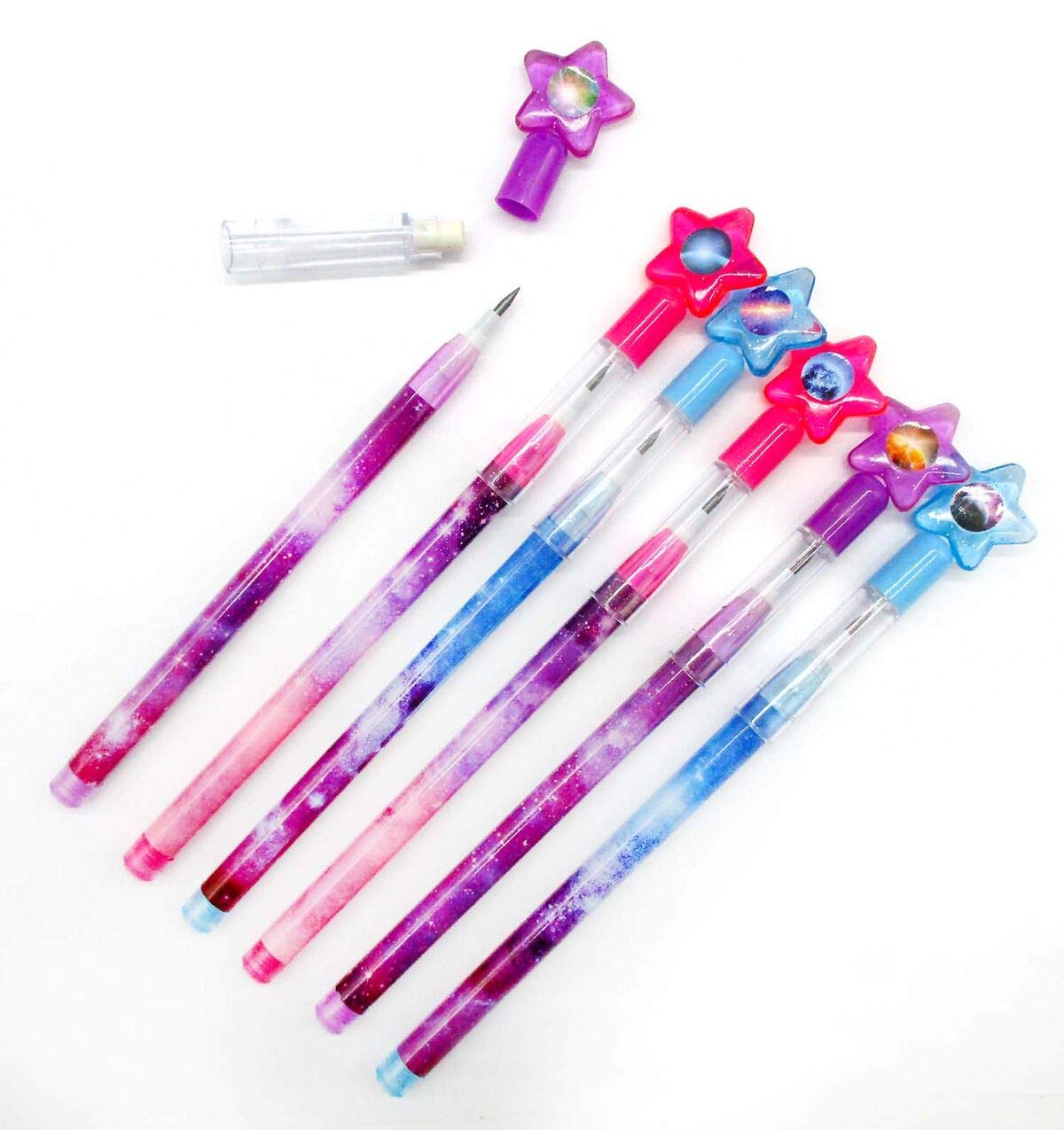 Tiny Mills 24 Pcs Galaxy Outer Space Multi Point Stackable Pencil with Eraser for Outer Space Galaxy Birthday Party Favor Prize