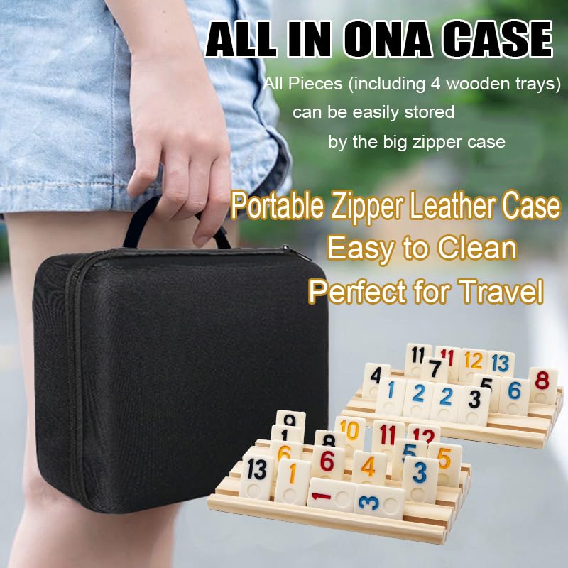 Dollergo Rummy Game With 4 Wooden Racks/Trays, Rummy Cube Game With Portable Case 106 Rummy Tiles Travel Game Set With 4 Tiles H
