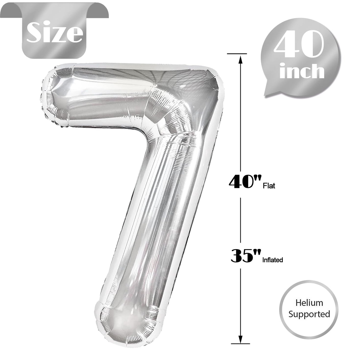Silver Number 7 Balloon 40 Inch, 7 Balloon Number, 7Th Birthday Decorations, Silver Party Supplies For Boys Girls