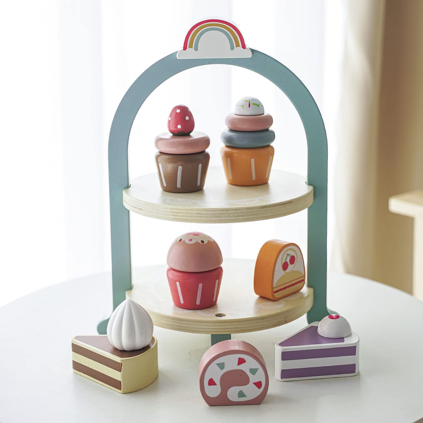 MIKNEKE Wooden Dessert Cake Play Food Set - Royal Dessert Tea Party Toys for Toddlers, Montessori Kitchen Accessories, 10x6 in