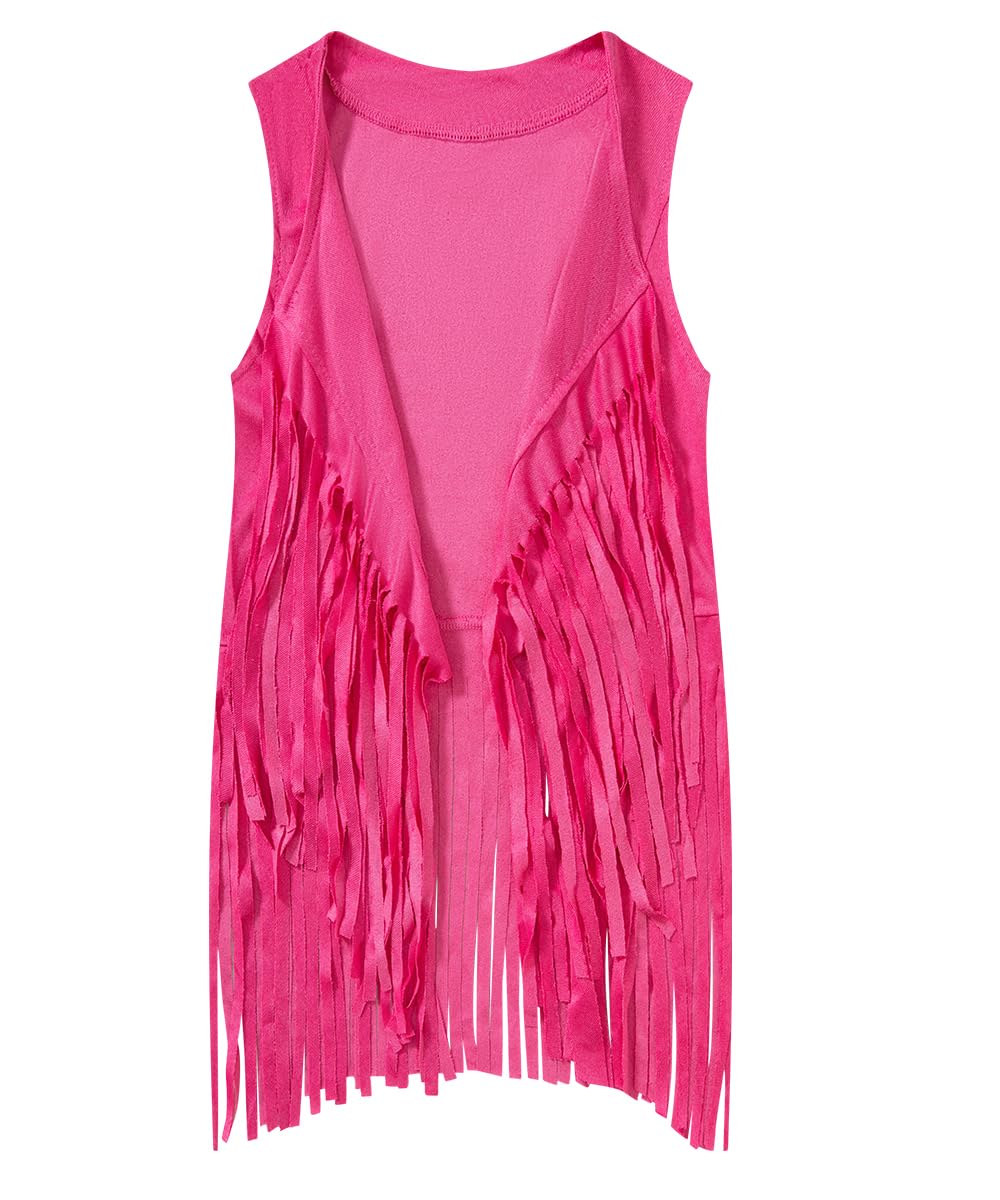 IWALUE 60s 70s Outfits Hippie Costume Set Kid Girls Fringe Tassel Vest with Earring Headband Glasses(Pink,10-12 Years)