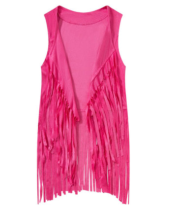 IWALUE 60s 70s Outfits Hippie Costume Set Kid Girls Fringe Tassel Vest with Earring Headband Glasses(Pink,10-12 Years)