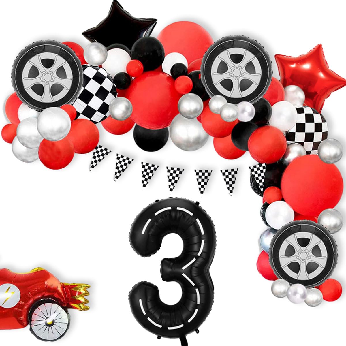 Race Car Birthday Balloons Decorations, 40 Inch Racetrack Black Number 3 Balloon, Eostankr Large Mylar Black 3 Balloon For 3St B