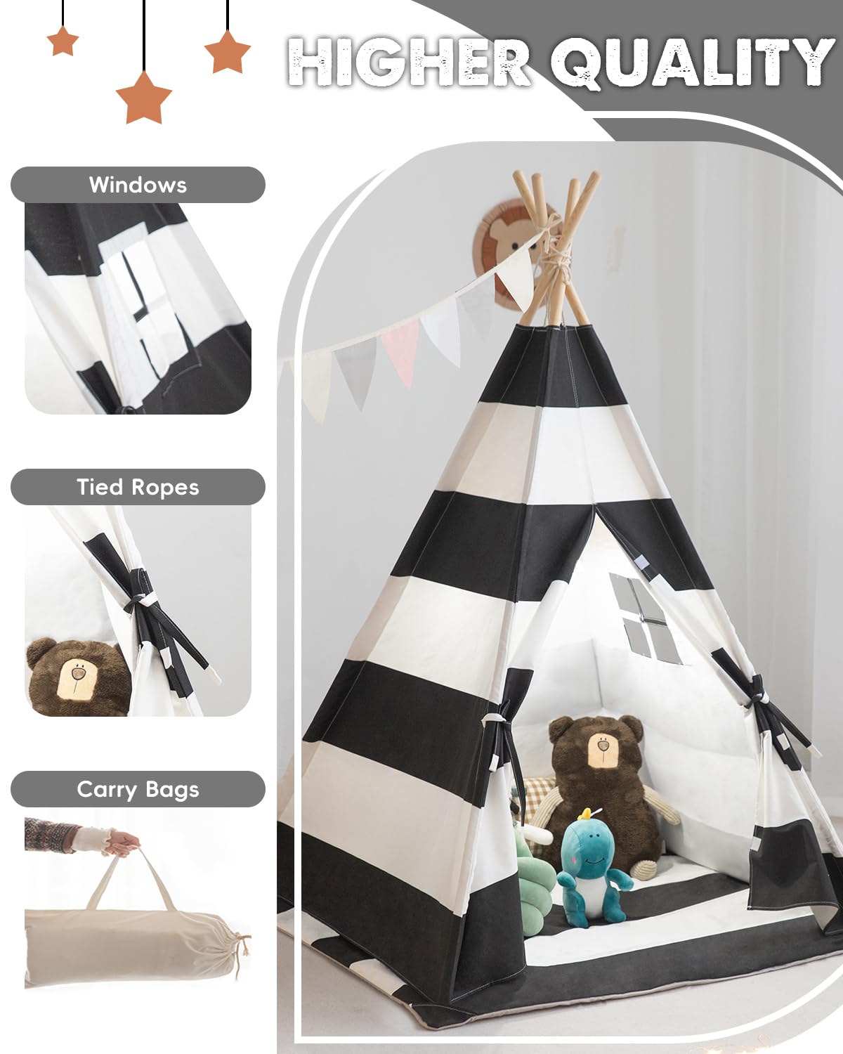 Teepee Tent For Kids, Xiaowantong Kids Teepee Tent With Padded Mat, Lights, Carry Bag, Natural Cotton Canvas Toddler Play Tent Indoor, Washable Foldable Teepee Tent For Girls & Boys Outdoor