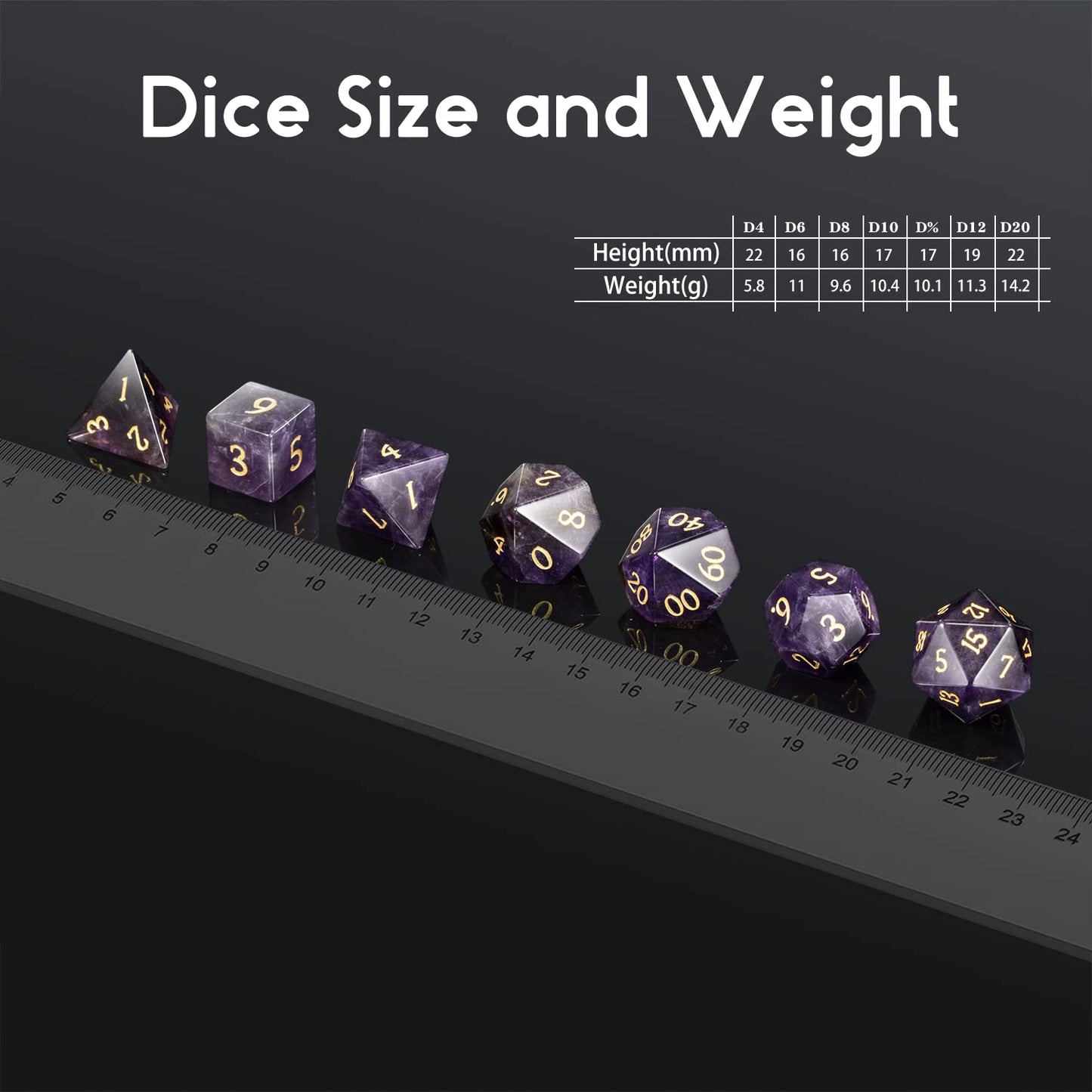D&D Cracked Frosted Glass Dice 7 Piece Purple Zircon Dice with Great Gift Case for DND Dungeons and Dragon Tabletop Game (Purple
