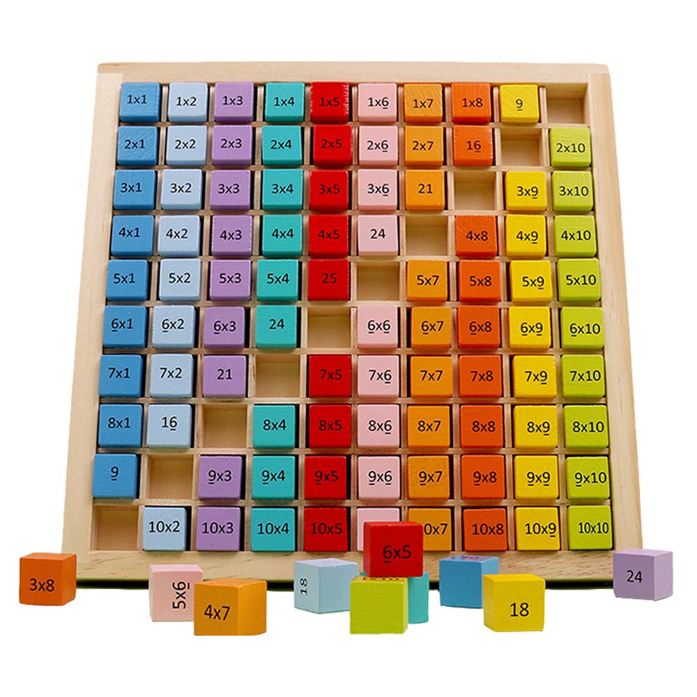 Umbresen Wooden Multiplication Board Game, 100 Cubes Blocks Montessori 10X10 Times Table Tray With Answers Preschool Learning Toys Gift For Children Kids (Multiplication Board)