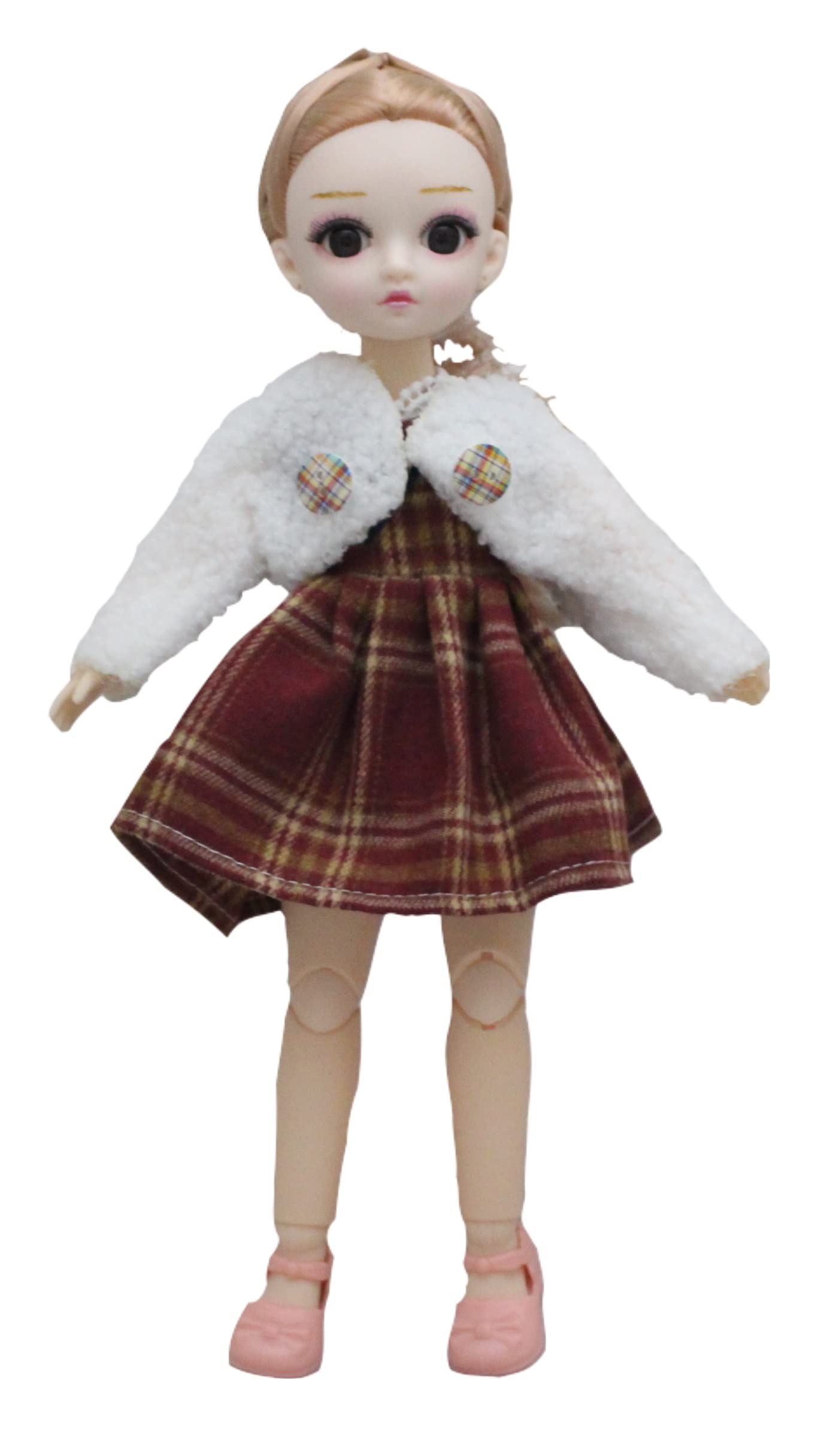 Tickles Set Movable Jointed Makeup Cute Girl Brown Eyes Fashionable Doll Maroon Frock For Kids Girls (Size: 30 Cm Color & Design