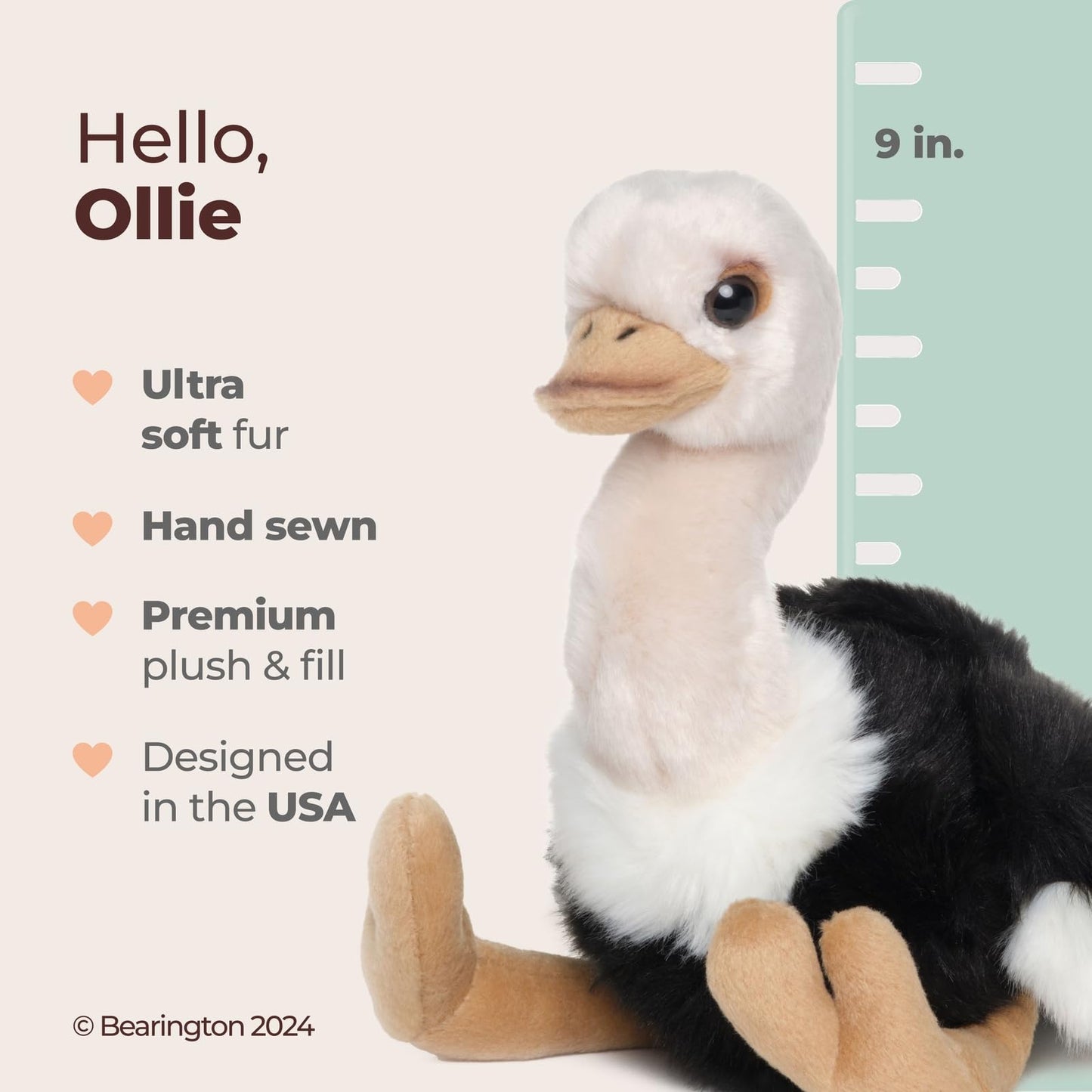 Bearington Ollie Ostrich Plush - 9" Realistic Stuffed Animal with Soft Fur, Floppy Body - Adorable Gift for Kids and Animal Lovers