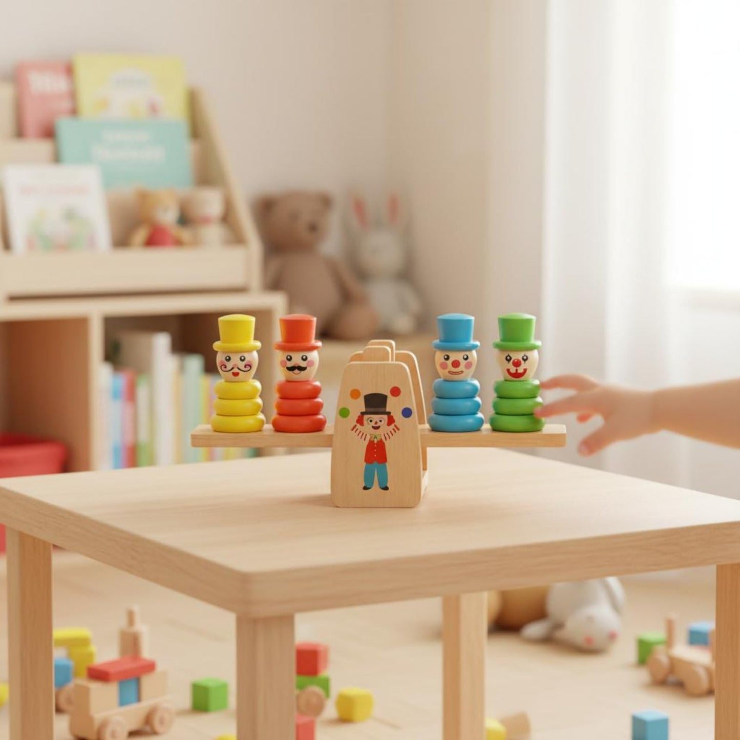 Urjix Develops HandEye Coordination Wooden Clown Balance Scale Early Learning Clown Stacking Rings Toy ParentChild Interaction