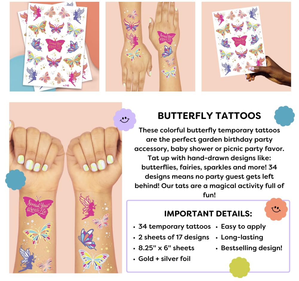 xo, Fetti Butterfly Tattoos for Kids - 34 Glitter styles  Birthday Party Supplies, Butterfly Party Favors + Fairy Decor
