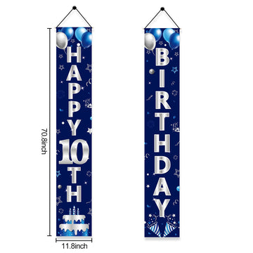 Turypaty Blue Silver 10Th Birthday Door Banner Decorations, Happy 10 Birthday Party Porch Banner Supplies For Boys, Sweet 10 Yea