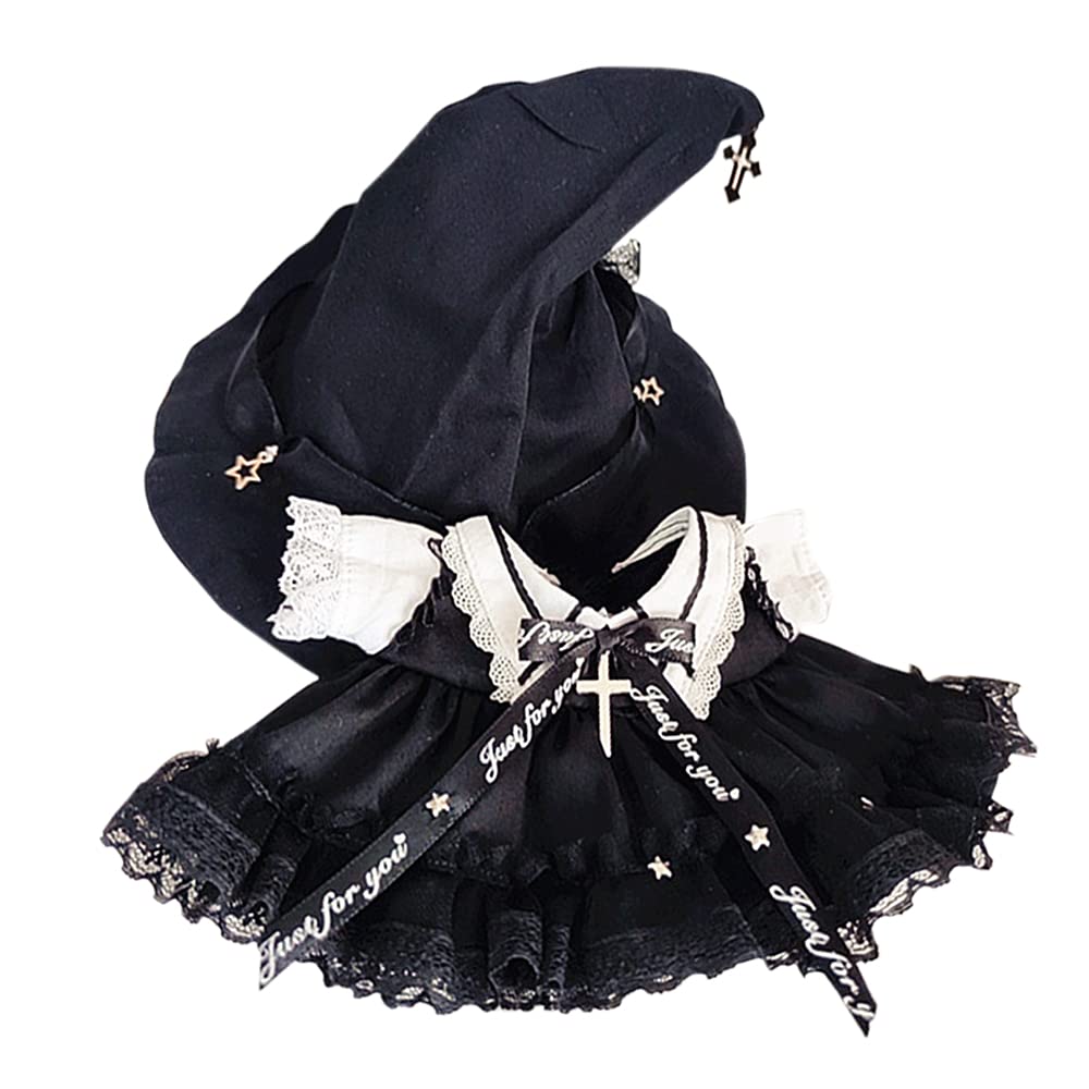 Niannyyhouse 7.8In/20Cm Plush Doll Clothes Hat + Dress 2-Piece Set Black Magic Hat Mesh Lace Dress