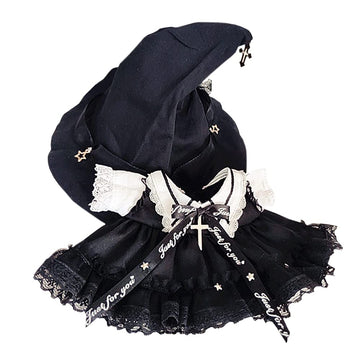 Niannyyhouse 7.8In/20Cm Plush Doll Clothes Hat + Dress 2-Piece Set Black Magic Hat Mesh Lace Dress