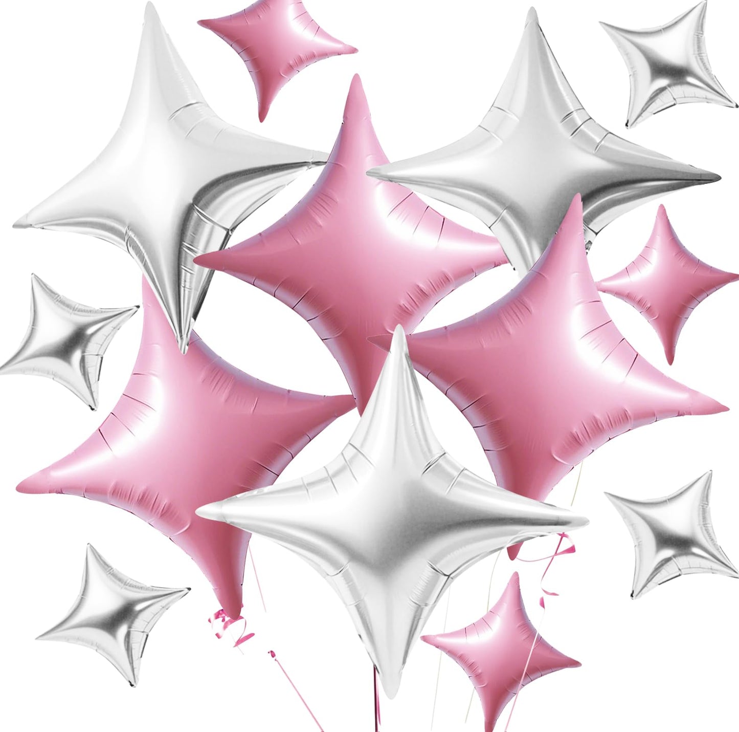 TONIFUL 30Pcs 26In&10In Star Balloons Pink and Silver Four Pointed Star Shape Foil Balloons Mini Star Mylar Balloons for Birthda