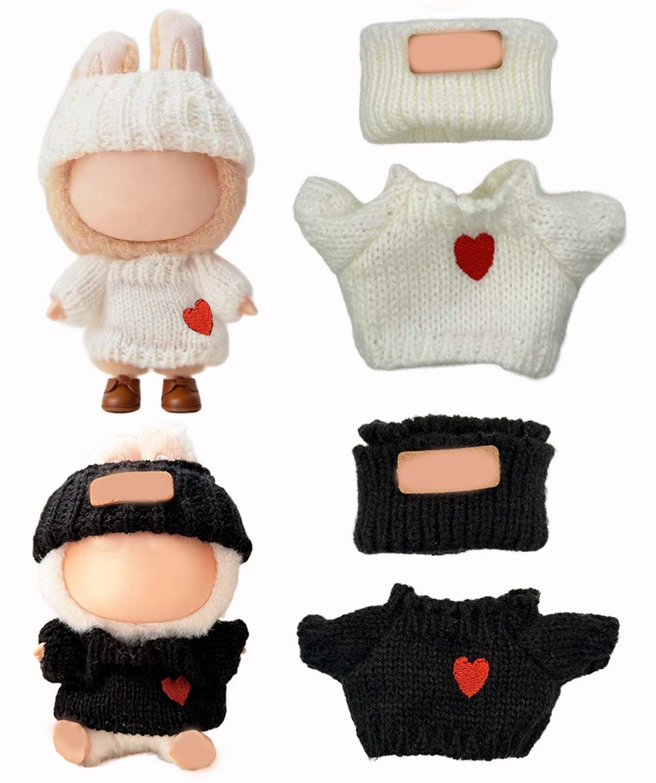 Doll Clothes Compatible with Labubu 2 Set Outfits(4 Pieces)  Adorable 17cm/15cm Handcrafted Crochet Doll Clothes Ropa Designer Accessories for La Bubu Hat & Sweaters (Balck & White)
