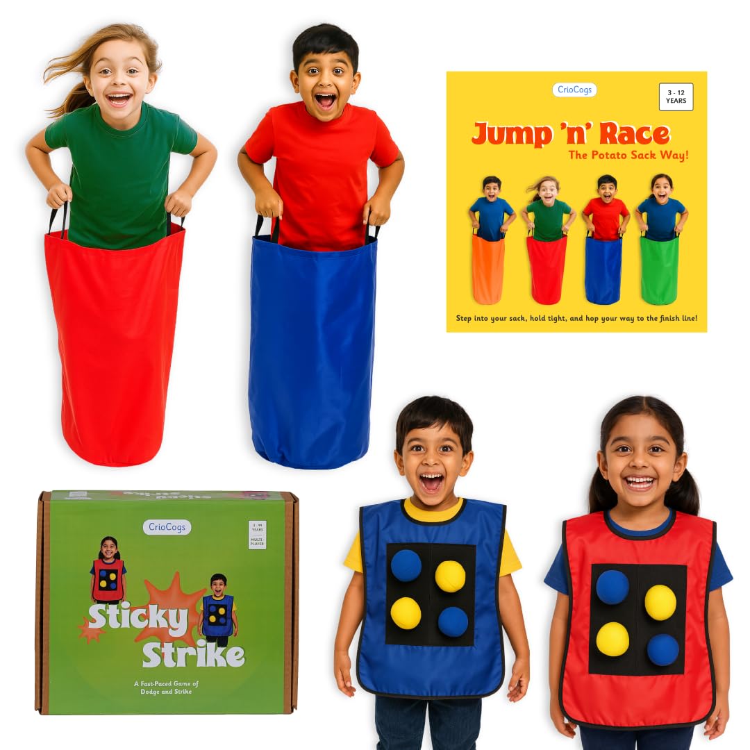 Criocogs 2 Jump N Race Potato Jump Sacks, 1 Sticky Strike Throw And Dodge Game For Kids- Red & Blue (Combo Pack)- 3+ Years, Ou