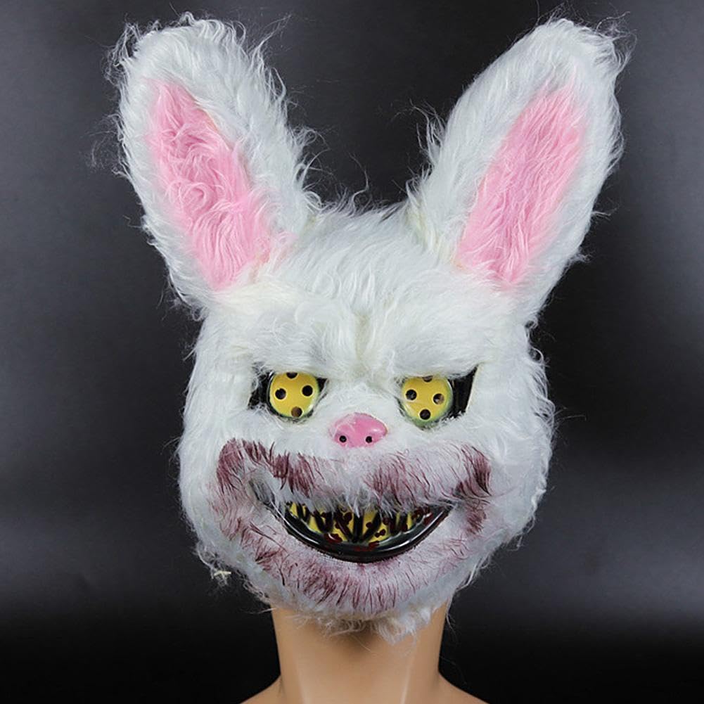 HIPIHOM Easter Bunny Mask, Bloody Plush Rabbit Mask, Bloody Bear Headgear - Performance Props for Easter, Halloween, Horror (Whi