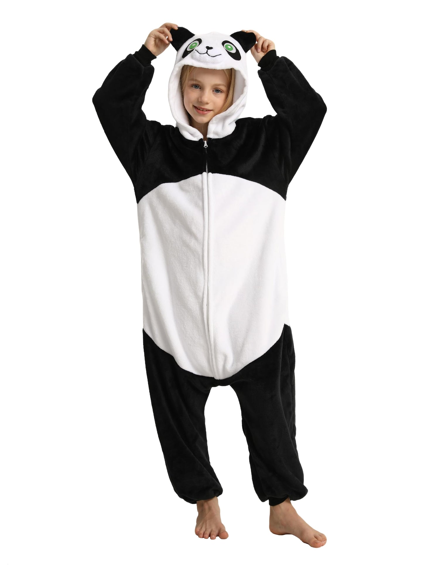 Lonulain Unisex Kids Animal Oneise Pajamas, Boys Girls Flannel Hooded Halloween Cosplay Costume/Homewear/Sleepwear (Panda,4-5 Ye