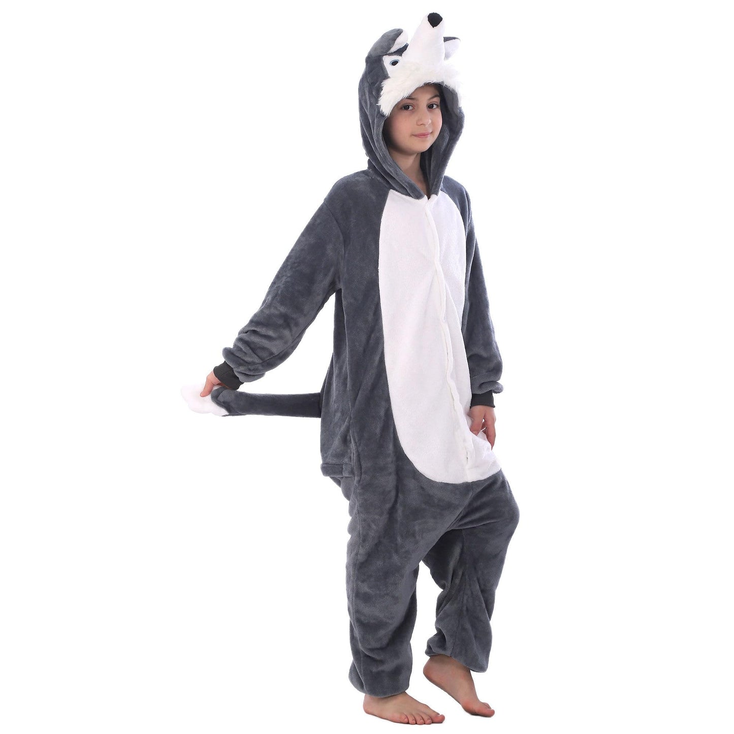 Lobujou Animal Hooded Costume For Kids Boys Girls Flannel Onesie Halloween Cosplay One Piece Husky 130