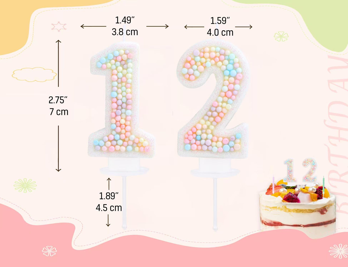 EAKE Pastel 12 Birthday Candle Macaron Glitter 3D Number 12th Candles for Birthday Cakes Girl Women Sweet Theme Twelve Years Old