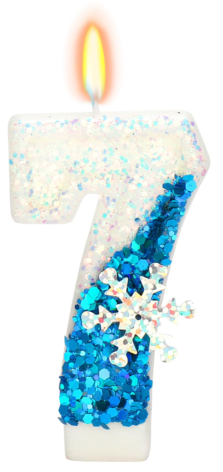 Snow Themed Birthday Candles, 7th Birthday Candle for Party Supplies, Winter Birthday Party Supplies, 2.76 inch Number 7 Cake To