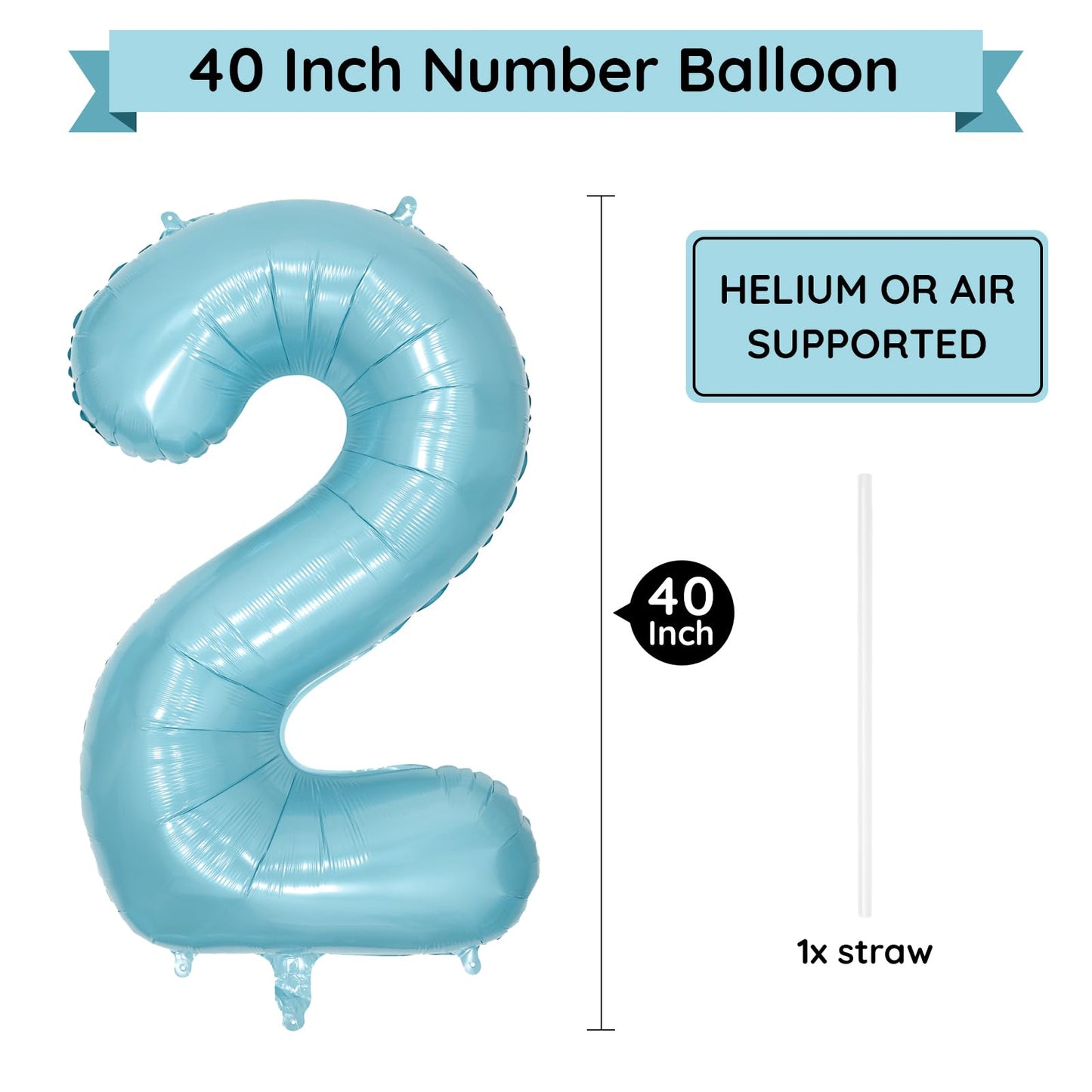 Paticool 40 Inch Blue Number Balloon 2, Large Light Blue Number Foil Mylar Balloons For Birthday Party Celebration Decorations S