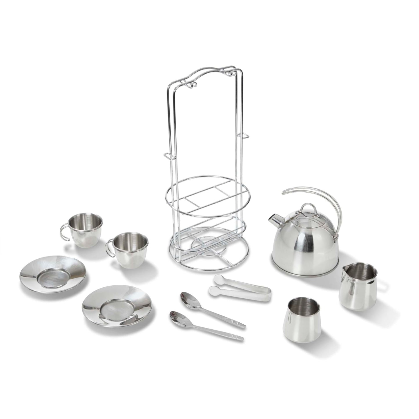 Melissa & Doug Stainless Steel Pretend Play Tea Set and Storage Rack for Kids (11 pcs)