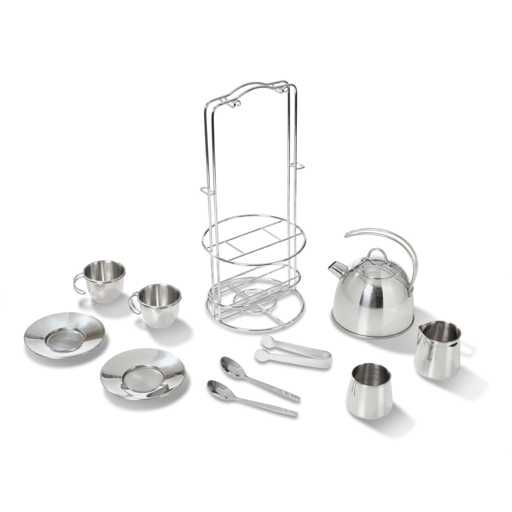 Melissa & Doug Stainless Steel Pretend Play Tea Set and Storage Rack for Kids (11 pcs)