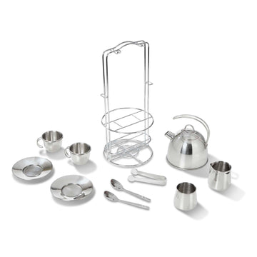 Melissa & Doug Stainless Steel Pretend Play Tea Set and Storage Rack for Kids (11 pcs)
