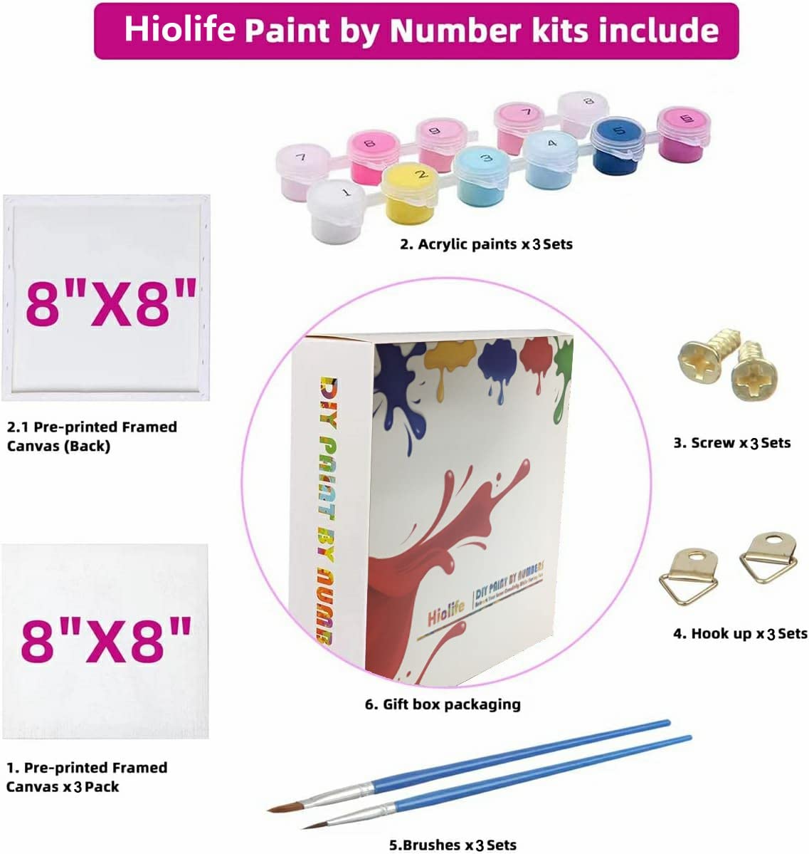 Hiolife 3 Pack Paint by Number Kits for Kids, 8X 8 inch Framed,Colorful Animals Oil Painting Kits for Girls and Boys, Painting S
