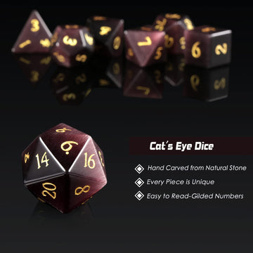 Gemstone D&D Dice DNDND 7 PCS Purple Cat's Eye Dice with Grogeous Gift Case for DND Dungeons and Dragon Table Game (Purple Cat's