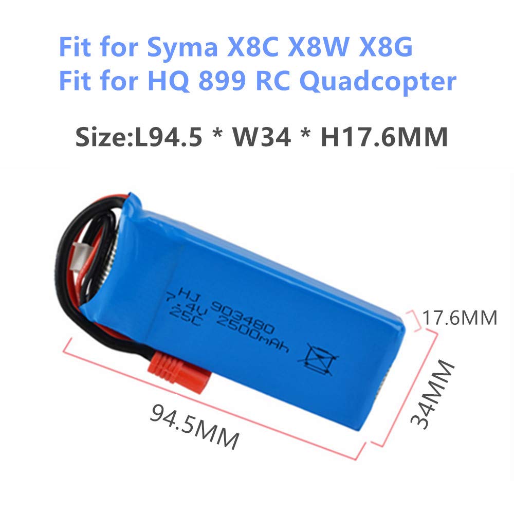 CBB 7.4V 2500mAh Lipo Battery Banana Plug for DRC-446 Syma X8C X8W X8G HQ899 RC Quadcopter Parts X8C Battery 2 Pack with USB Cha